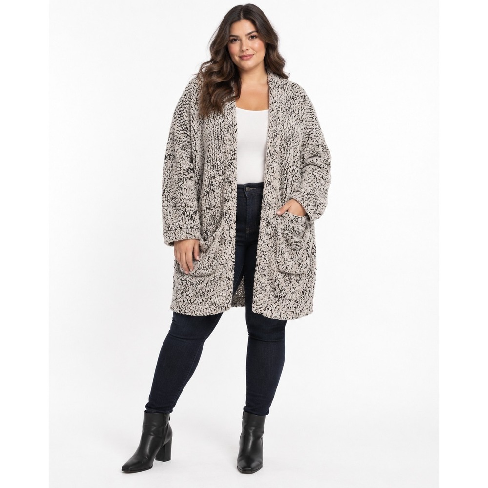 Cupio 1X Black White Boucle Popcorn Knit Longline Cardigan Open Front Pockets
